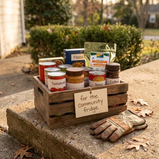 A weathered wooden crate of donated pantry goods with a handwritten note reading for the community fridge, on a porch step in golden-hour light