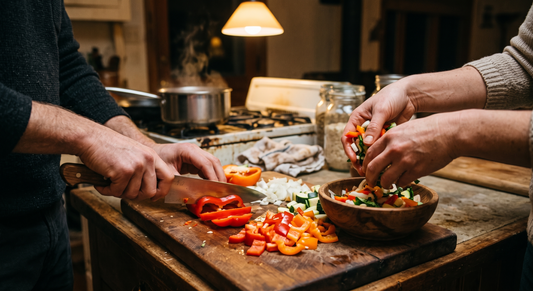 Over-the-shoulder view of two people chopping vegetables together at a kitchen counter in warm evening light