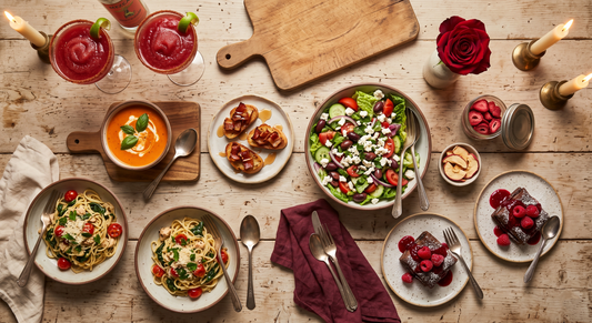 Six-course date night menu spread on a candlelit farmhouse table — strawberry mezcal cocktails, tomato basil soup, bacon and apple crostini, Mediterranean salad, chicken spinach spaghetti, and chocolate puffs with raspberry sauce