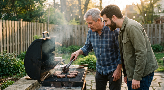 A father and his grown child standing together at a backyard grill at golden hour, smoke drifting up from the burgers