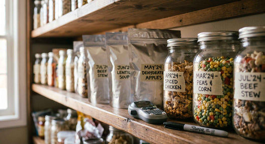 A home pantry shelf lined with sealed mylar bags and glass mason jars of freeze-dried food, each with a handwritten date label
