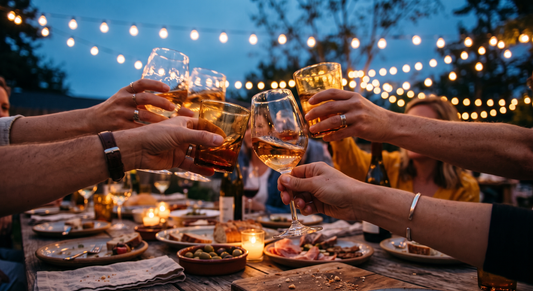 Close-up of several hands clinking glasses in a toast around an outdoor table at dusk with string lights overhead