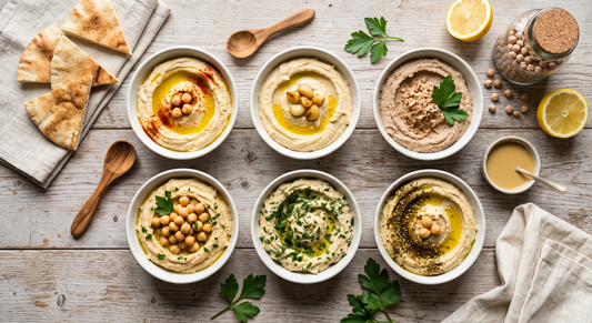 Six small bowls of homemade hummus — classic, chestnut, garbanzo, scratch, chickpea garlic, and traditional — arranged on a wooden farmhouse table with pita, garbanzo beans, and Mediterranean garnishes