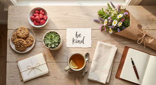 A small handwritten note card with 'be kind' text on a light wood surface next to a potted succulent, a mug of tea, and a folded linen napkin
