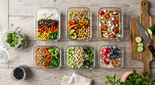Six meal prep containers arranged on a kitchen counter with freeze-dried vegetables, dehydrated beans, and cooked grains — a shortcut approach to meal prep using shelf-stable ingredients