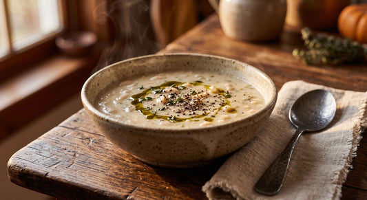 Bowl of white bean soup made with navy beans, steam rising, on a rustic wooden table
