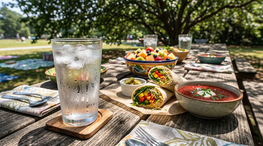 Picnic table spread of chilled, no-cook summer dishes on a sunny day.
