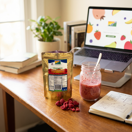 Home-office desk scene with an open pouch of freeze-dried fruit, a smoothie jar, a sketch notebook, and a laptop, suggesting a food start-up at work