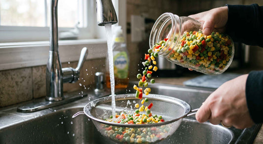 Freeze-dried vegetable pieces being poured from a jar into a mesh strainer under running water for rehydration