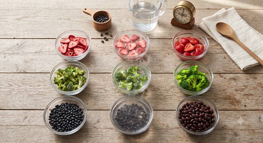 Three columns of clear glass bowls showing rehydration in progress — dry freeze-dried strawberries, dried broccoli, and dehydrated beans on the left, soaking in the middle, and fully rehydrated on the right on a weathered farmhouse table