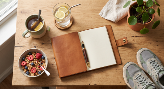 An open leather journal with a fresh page and a fountain pen, a mug of tea, a glass of water with lemon, and a small bowl of freeze-dried fruit on a light wood desk in soft morning light