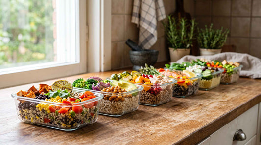 Row of glass meal prep containers with colorful portioned meals on a kitchen counter.