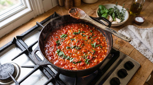 Pot of homemade tomato sauce simmering on the stovetop with fresh herbs