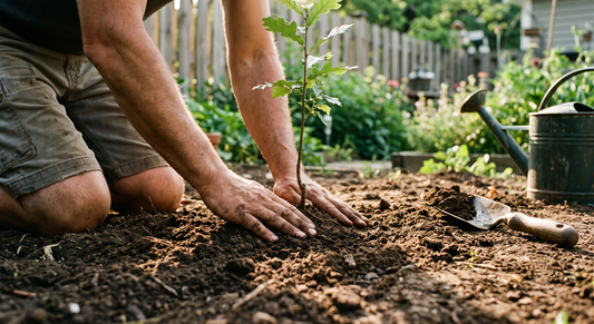 Low-angle shot of hands patting soil around a newly planted young sapling in a backyard at morning light