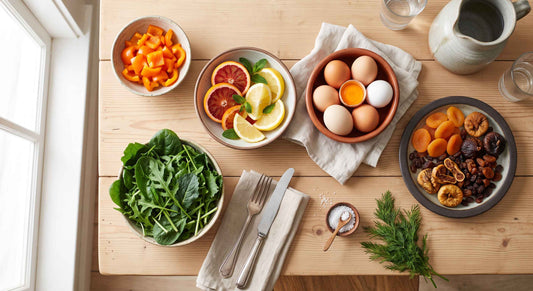 Overhead flat lay of vitamin-rich whole foods including citrus, bell peppers, eggs, leafy greens, and dried fruit on a wooden table
