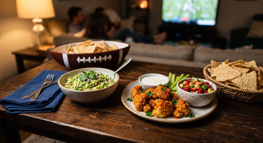 Vegetarian game-day spread with guacamole, cauliflower wings, and strawberry salsa on a wood table