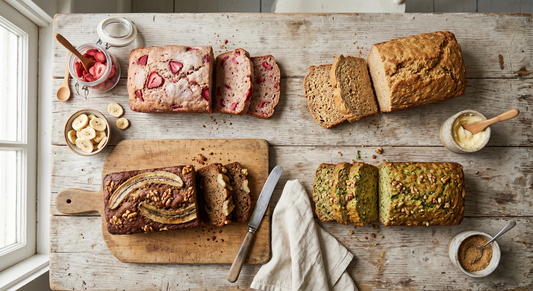 Four homemade loaves of bread — strawberry, whole wheat beer, banana, and zucchini — arranged on a weathered wooden farmhouse table with freeze-dried fruit and butter