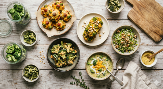 Five broccoli recipes — pizza bites, raw vegan chips, baked broccoli bites, broccoli sprouts salad, and broccoli cheddar soup — arranged on a weathered wooden farmhouse table with freeze-dried broccoli florets and dried broccoli pieces