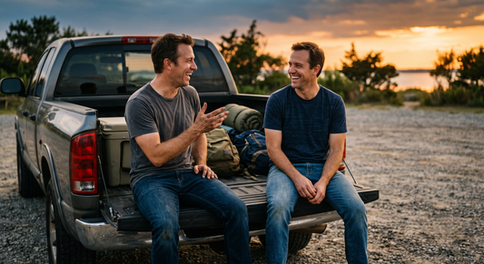 Two adult brothers sitting on a truck tailgate laughing together at golden hour, road trip cooler visible in the truck bed