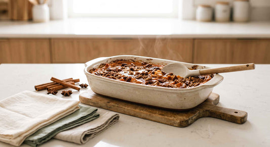Golden roasted sweet potato casserole with pecan topping, styled with cinnamon sticks