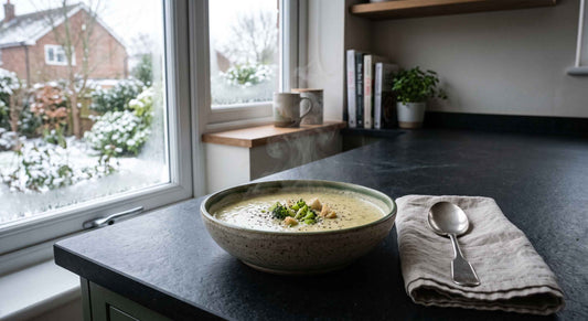 Bowl of creamy broccoli cheese soup with steam rising, styled on a dark countertop