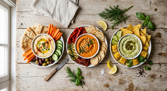 Three small bowls of Instant Hummus Mix — classic, roasted red pepper, and jalapeño — surrounded by pita, fresh vegetables, tortilla chips, and Mediterranean garnishes on a weathered wooden farmhouse table