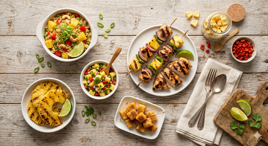 Five pineapple recipes — pineapple fried rice, pineapple salsa, grilled pineapple chicken, Hawaiian chicken skewers, and fireball pineapple — arranged on a weathered wooden farmhouse table with freeze-dried pineapple chunks and lime wedges