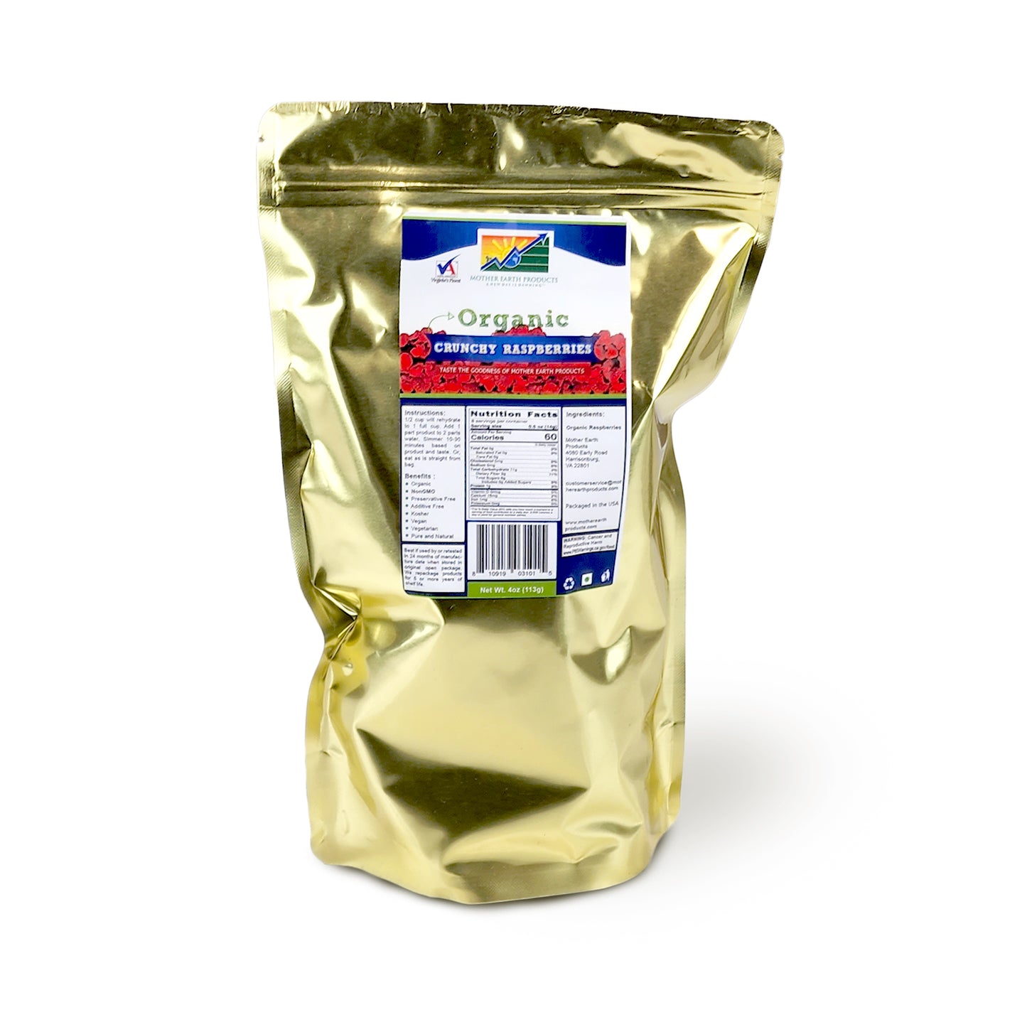 Organic Crunchy Raspberroes Quart Mylar